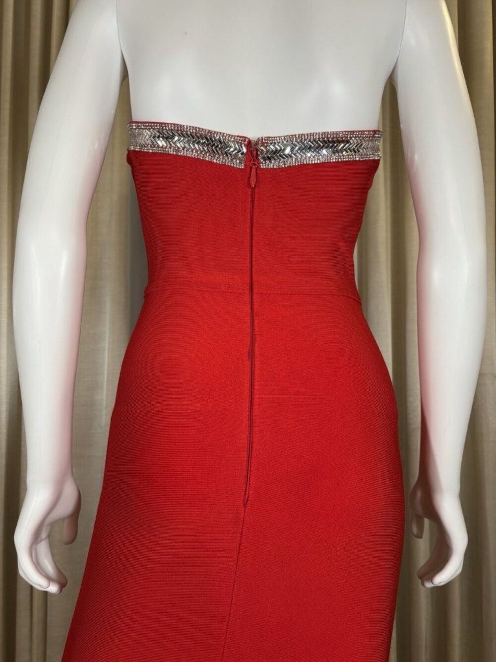 Red Rhinestone Deep V Strapless Bandage Gown 90s Y2K Bodycon - Picture 4 of 10